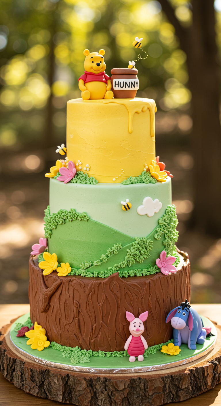 Dreistöckige Winnie Puuh Torte mit Honigtopf, Ferkel und I-Aah Figuren im Wald-Design.