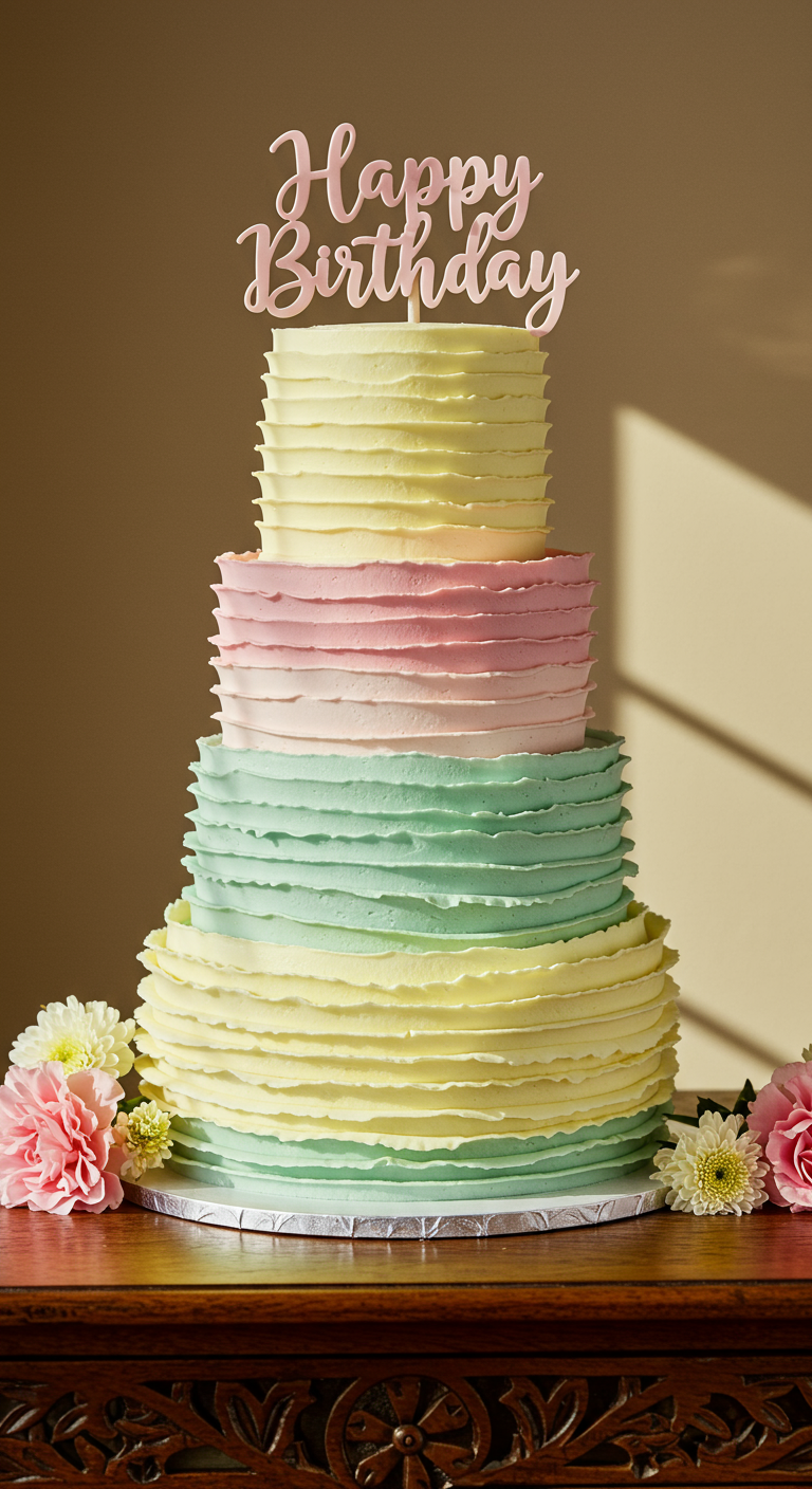 Mehrstöckige Buttercreme-Torte mit Pastell-Rüschen und 'Happy Birthday'-Topper.