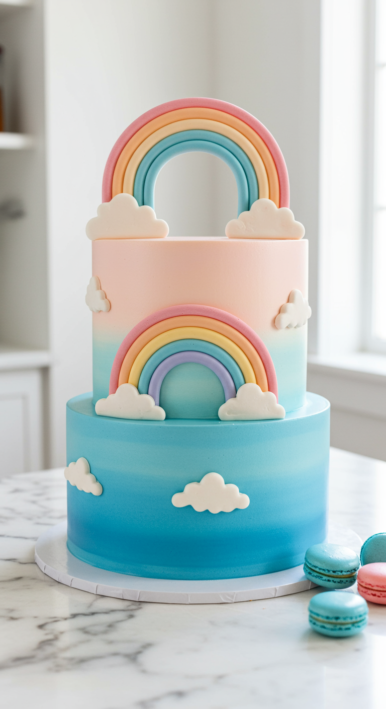 Zweistöckige Torte mit Pastell-Farbverlauf, Fondant-Regenbögen und Wolken.
