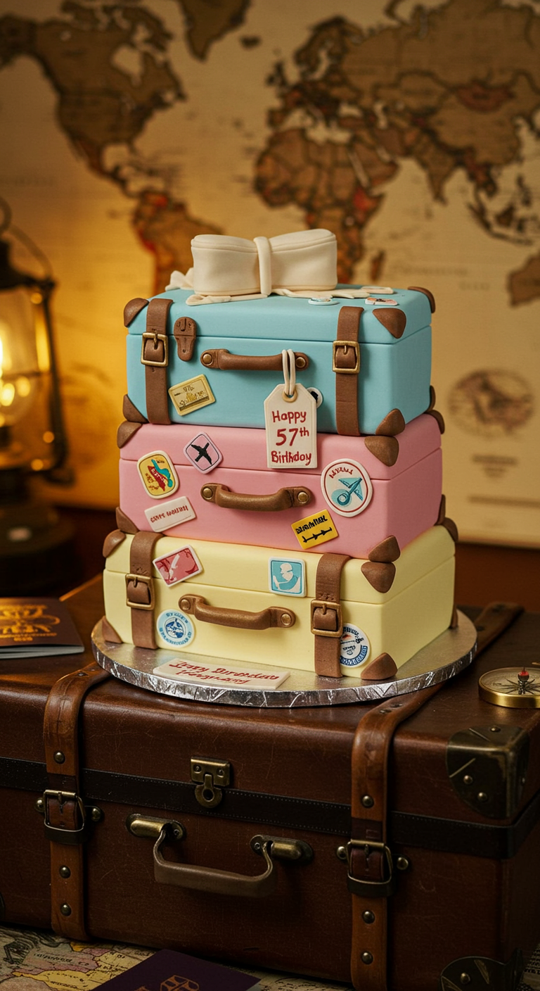 Dreistöckige Torte in Kofferoptik mit Reisestickern und einer