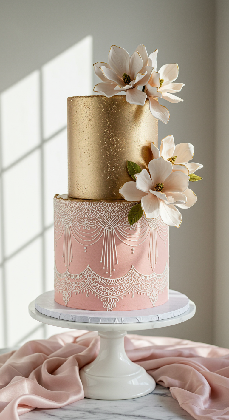 Zweistöckige Torte: oben Gold, unten Rosa mit weißer Spitze und Zucker-Magnolien.