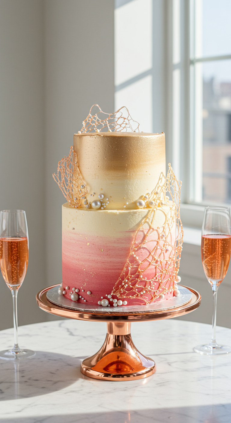 Zweistöckige Torte mit Rosé-Gold Farbverlauf und Zuckerdekoration.