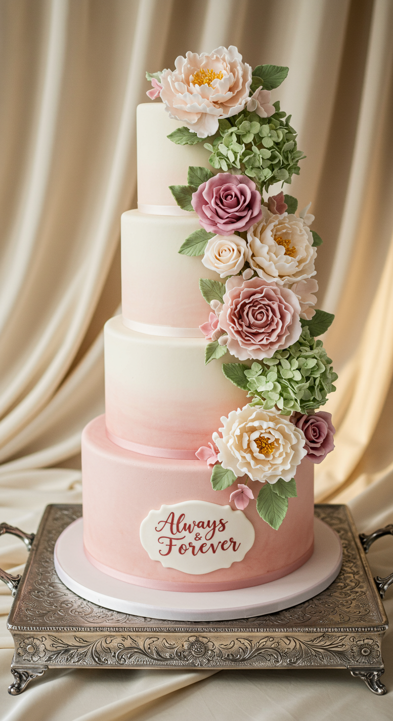 Mehrstöckige rosa Ombré-Torte mit üppigen Zuckerblumen.