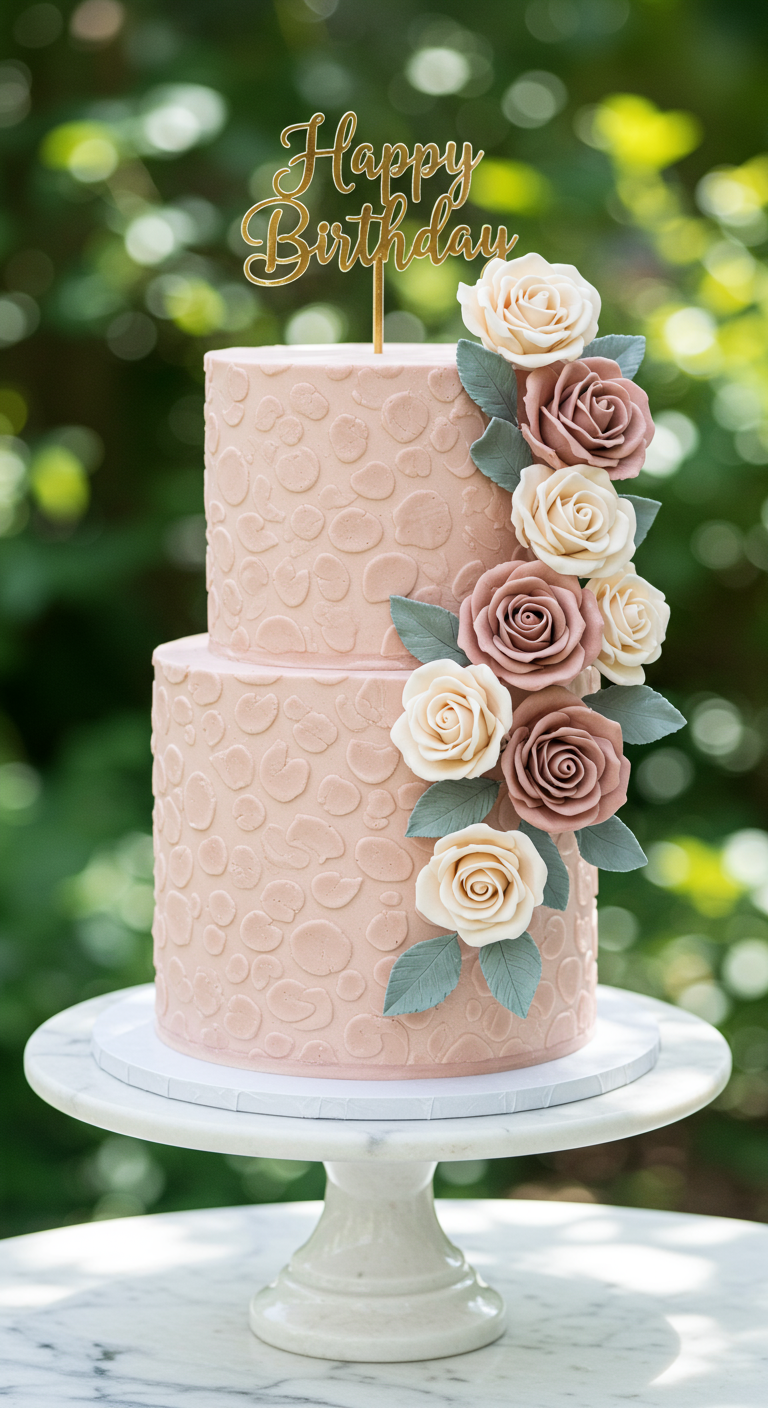 Zweistöckige rosa Geburtstagstorte mit eleganten Zuckerrosen und dezentem Oberflächenmuster.