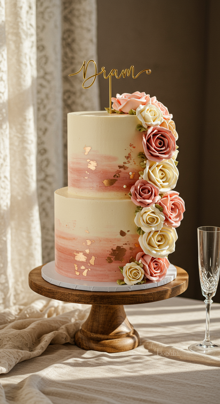 Zweistöckige Cremetorte mit Ombré-Effekt und Buttercreme-Rosen, Goldakzenten.