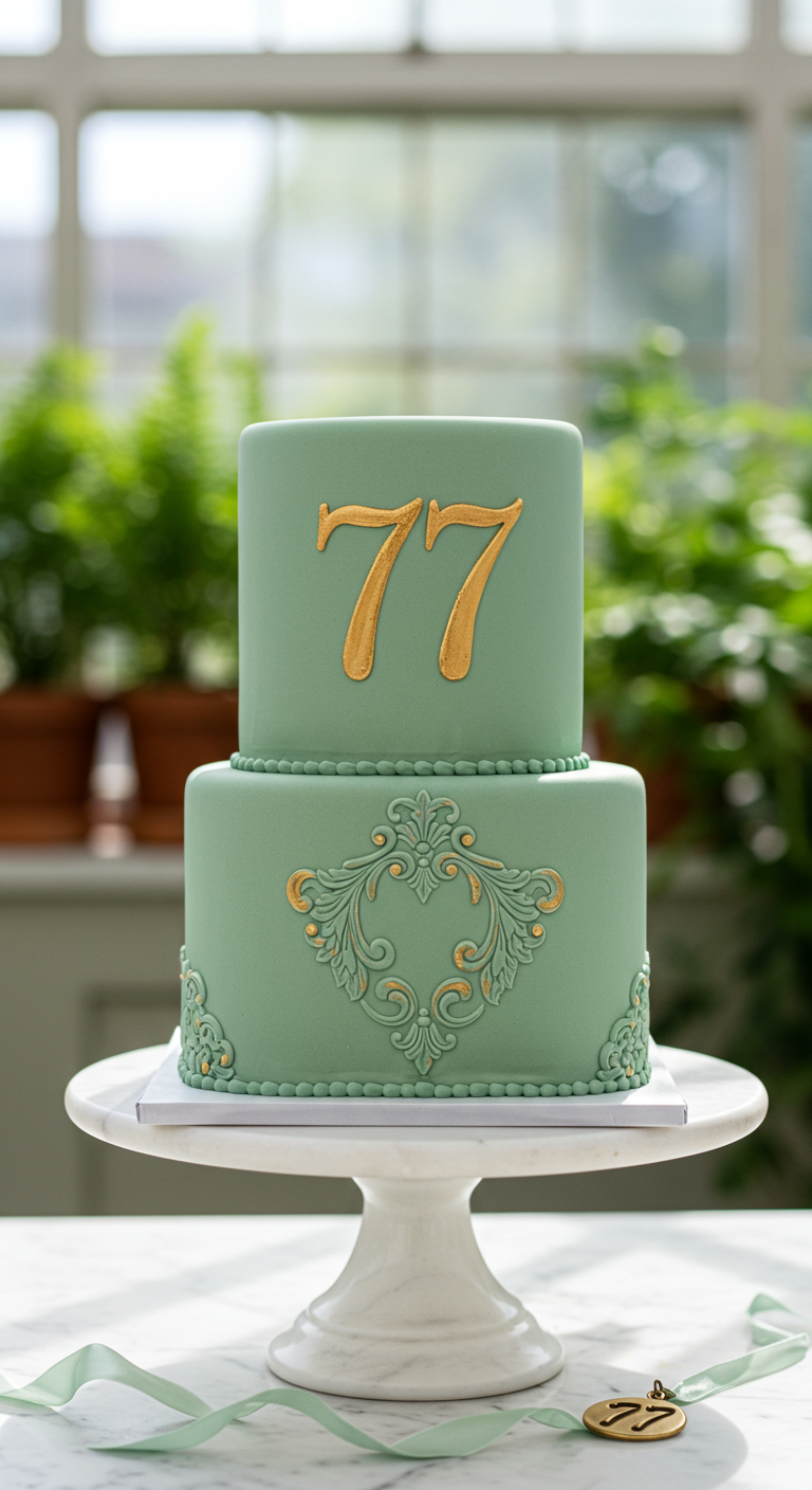 Zweistöckige mintgrüne Torte mit goldenen Ornamenten und goldener Zahl 77.