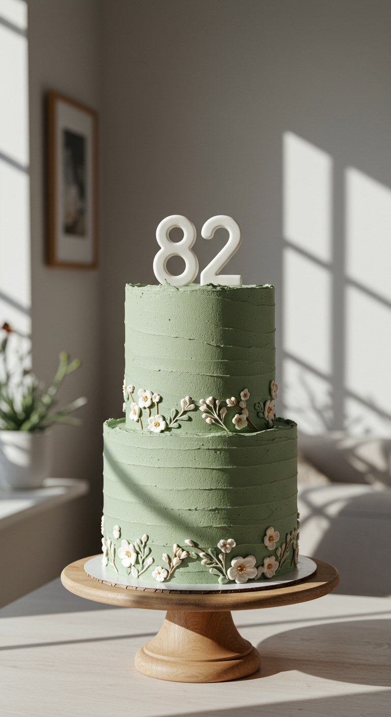 Zweistöckiger salbeigrüner Kuchen mit feinen weißen Blütenranken und Zahl 82.
