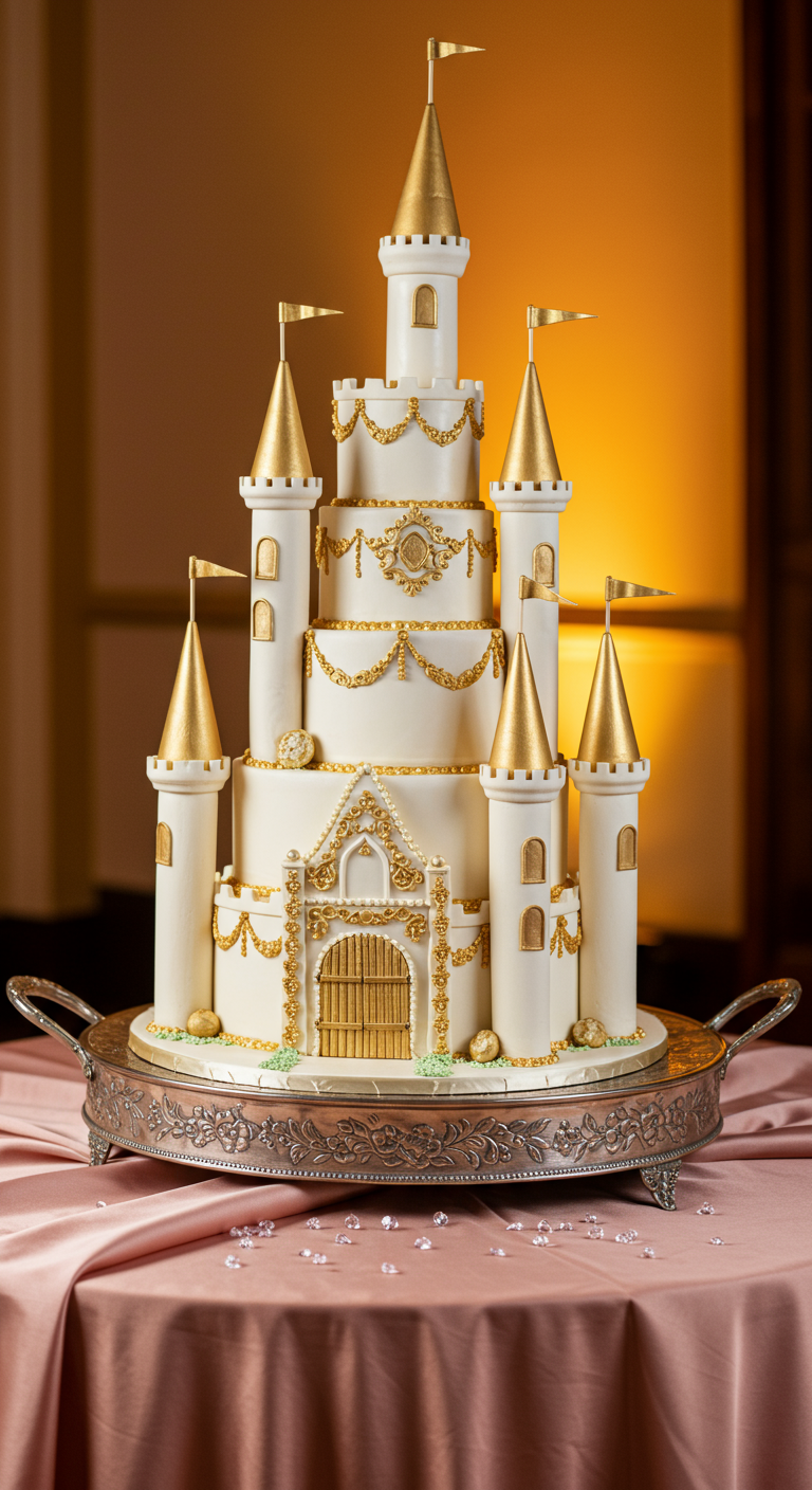 Elegante weiße Schlosstorte mit goldenen Details und Türmen