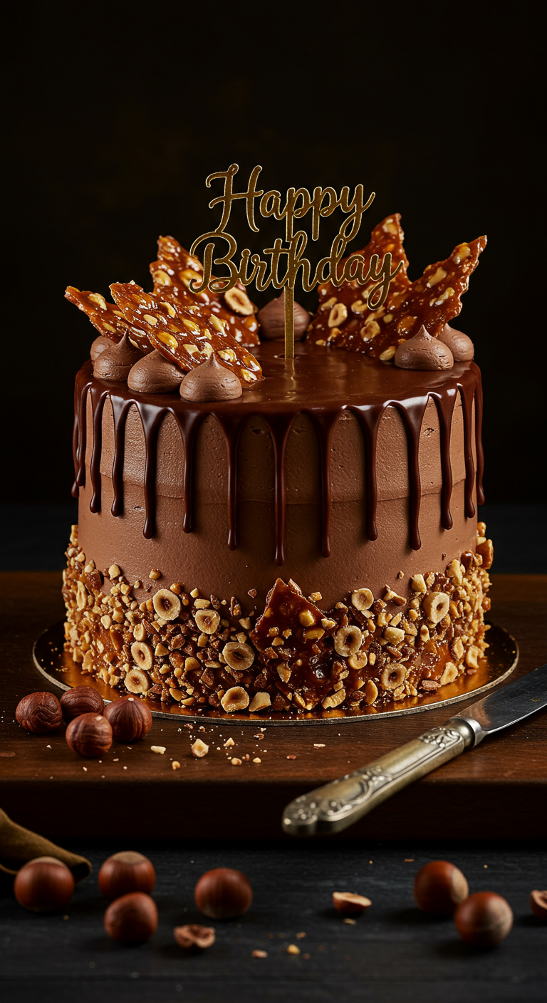 Schokotorte mit Haselnusskrokant, Schokodrip und goldenem 'Happy Birthday'-Topper.