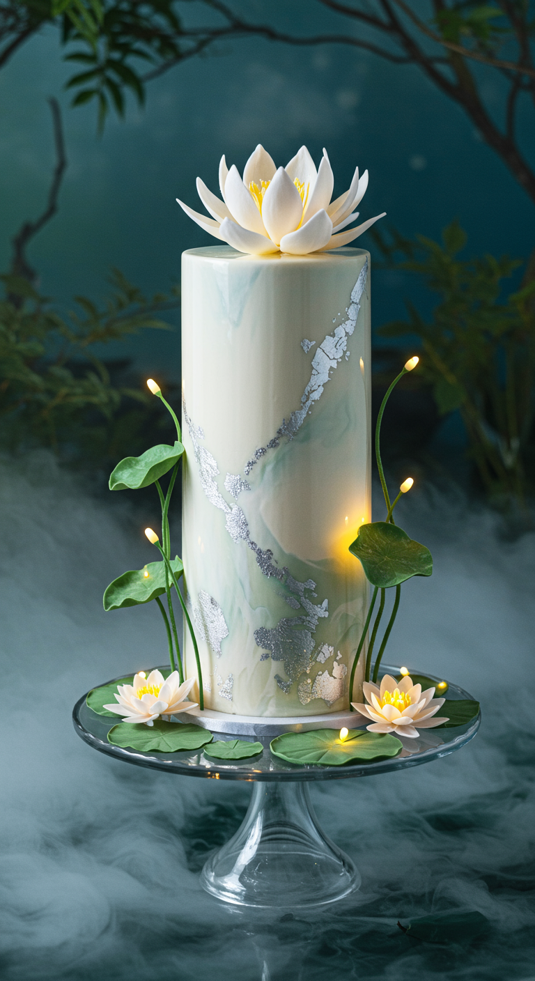 Hohe weiße Torte mit Seerosen, Silberakzenten und kleinen Lichtern.