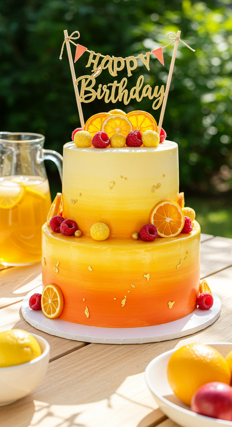 Zweistöckige Ombré-Torte in Gelb-Orange mit Früchten und