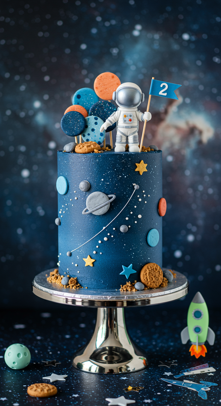Dunkelblauer Weltraum-Kuchen mit Astronaut, Planeten und Sternen.