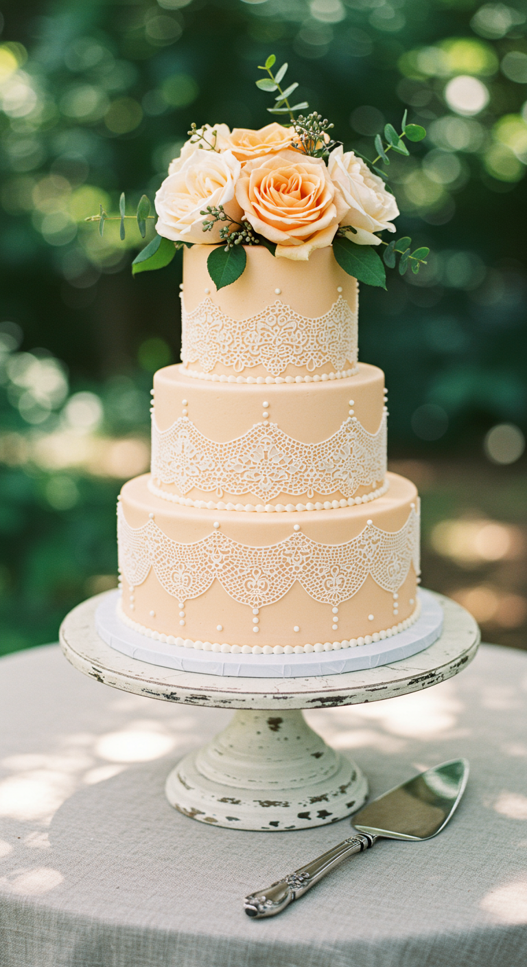 Dreistöckige pfirsichfarbene Torte mit weißer Spitze und frischen Rosen.