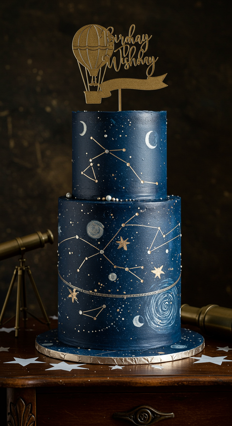 Zweistöckige dunkelblaue Torte mit gemalten Sternbildern und goldenem Topper