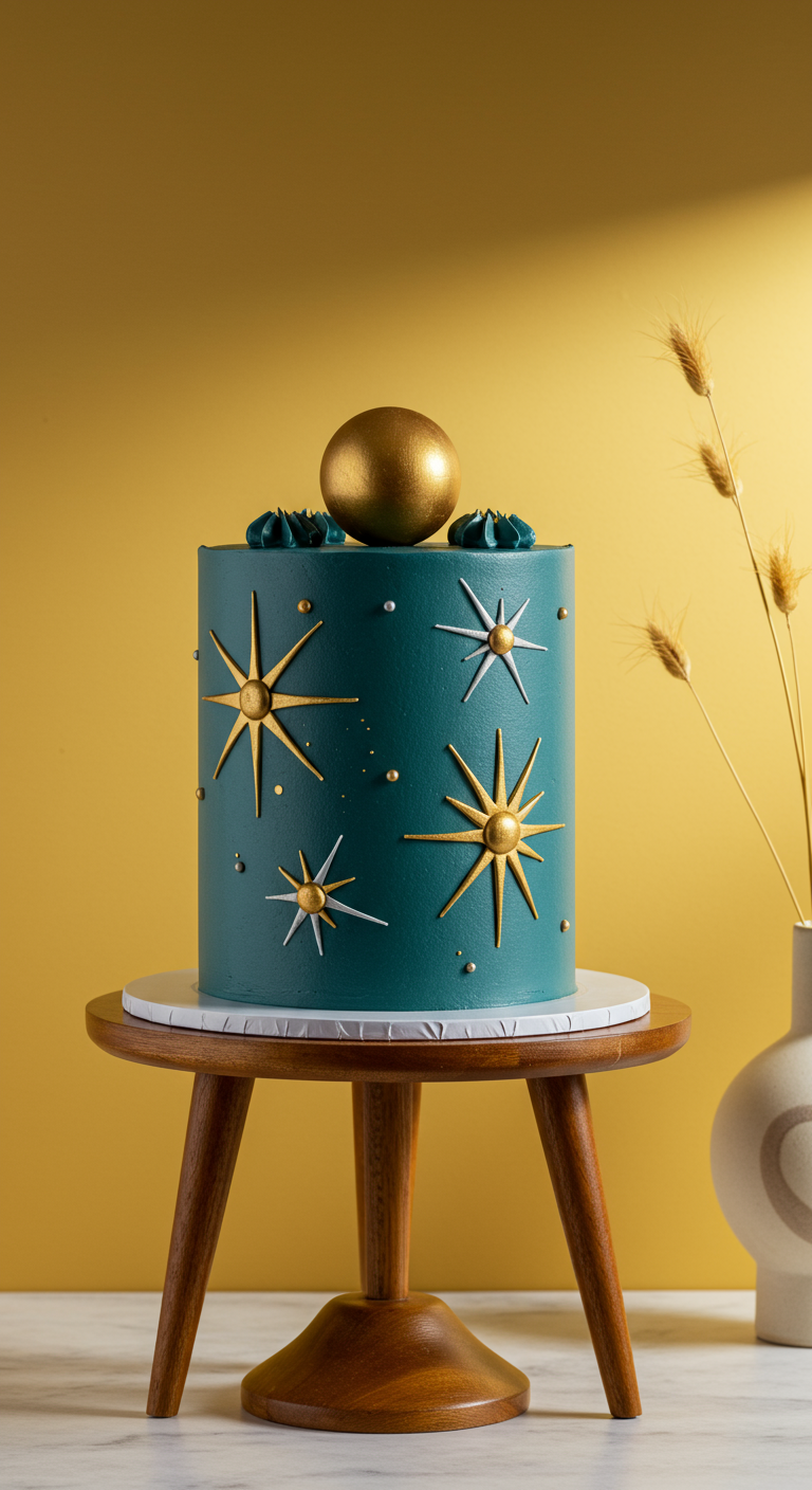 Dunkelgrüne Torte mit goldenen und silbernen Sternen im Mid-Century-Design.