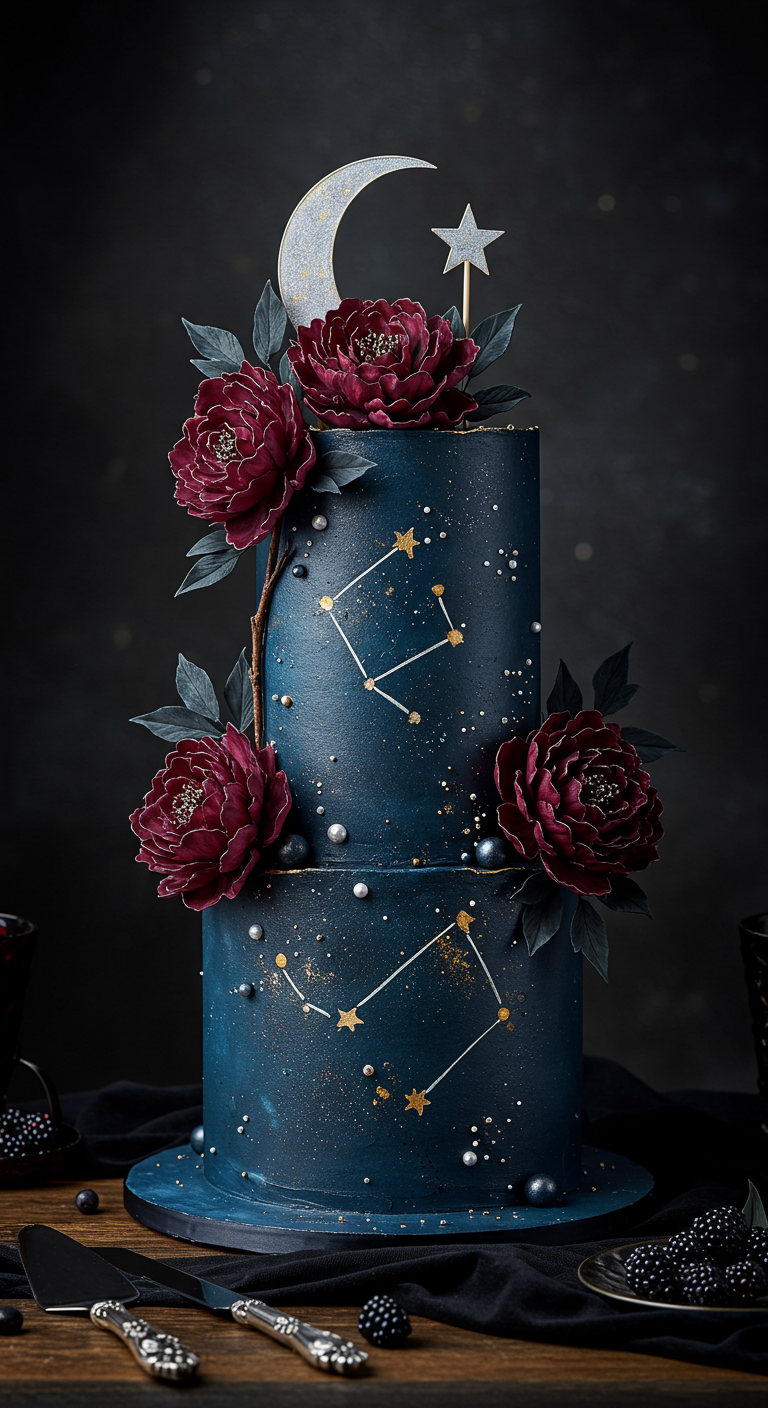 Dunkelblaue Torte mit Sternbildern, Mond-Topper und roten Blüten.