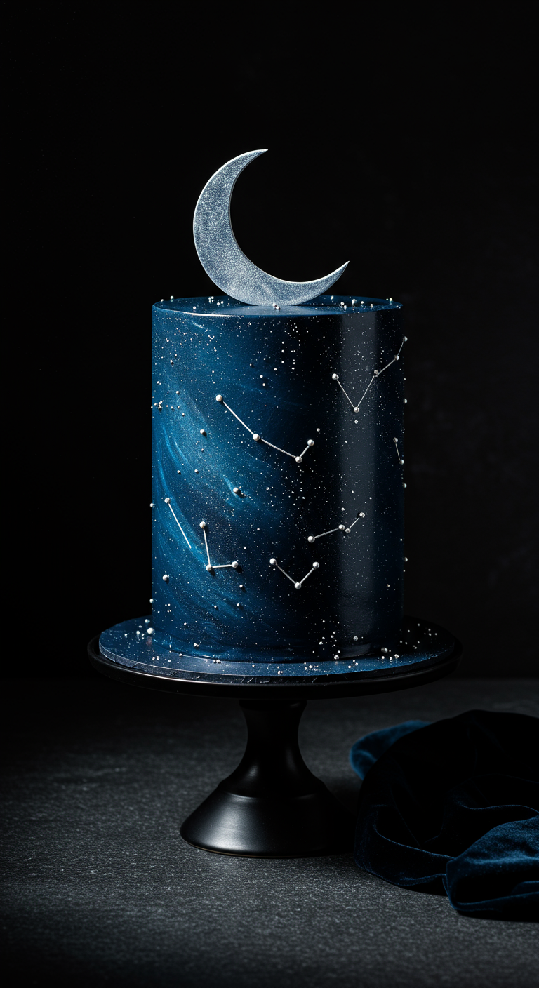 Dunkelblaue Galaxie-Torte mit silbernem Mond und Sternbildern.