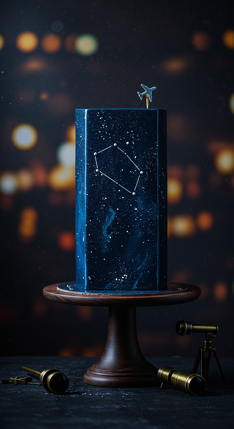 Dunkelblaue Galaxie-Torte mit Sternbild und Flugzeug-Topper vor Bokeh-Lichtern.
