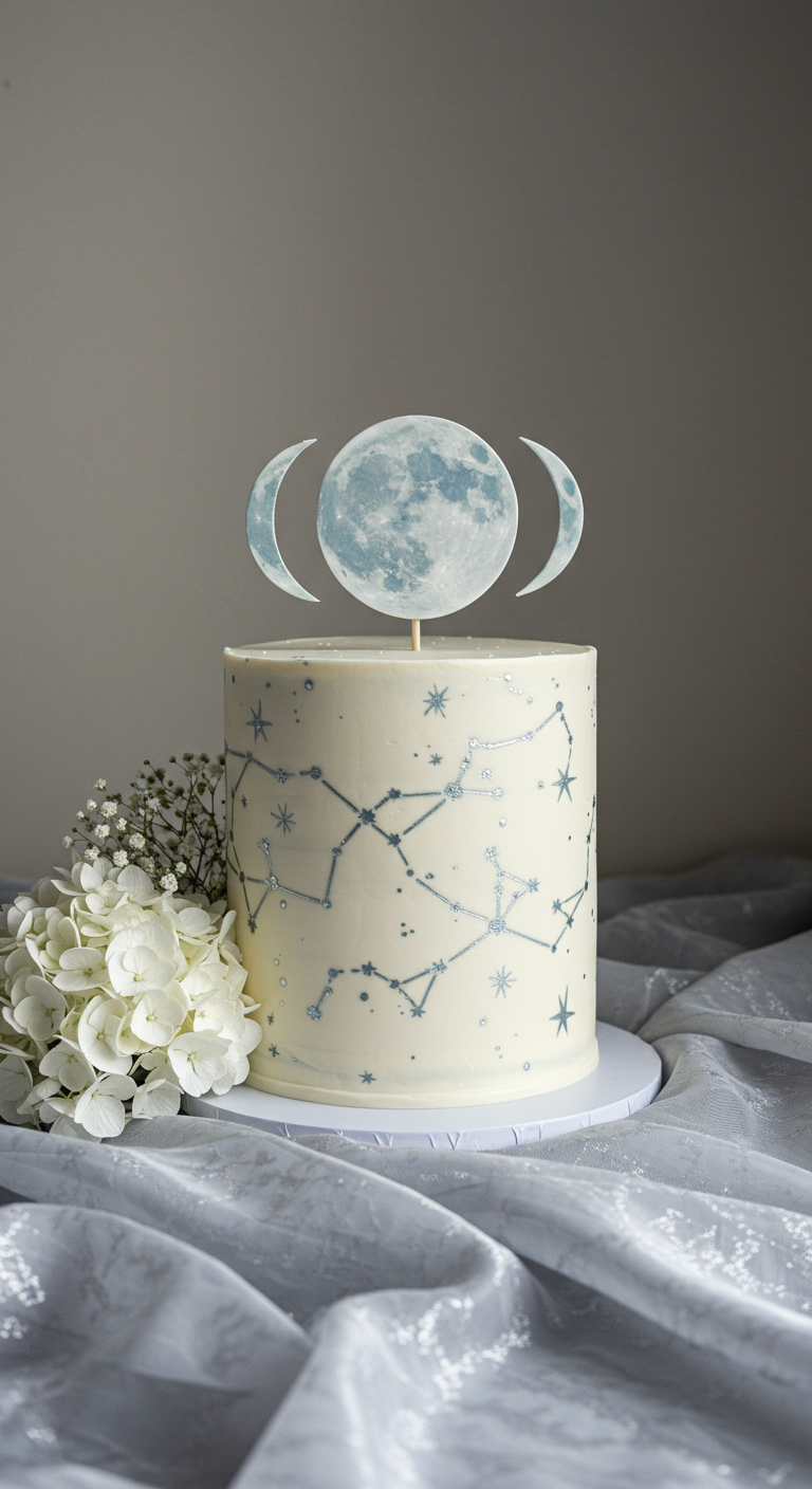 Weiße Torte mit silbernen Sternbildern und Mondphasen-Topper.