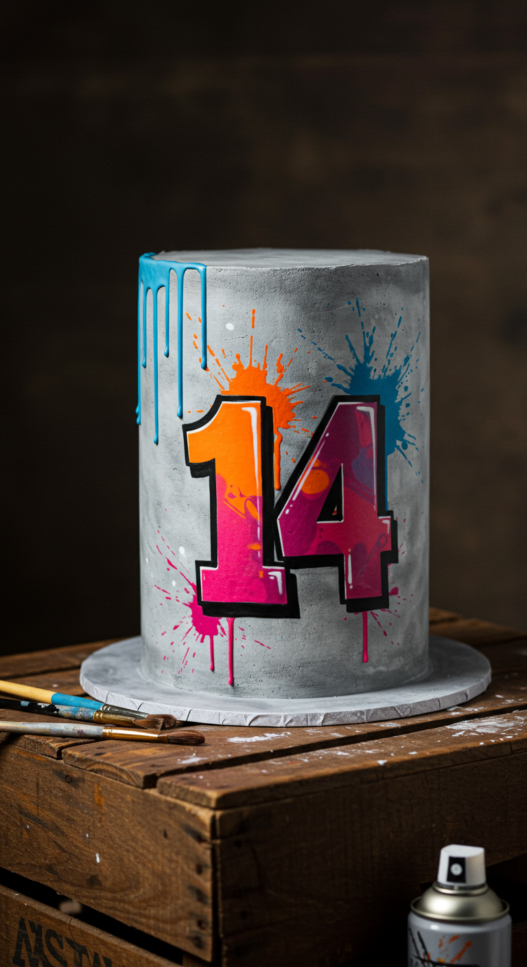 Graue Torte mit bunten Graffiti-Schriftzug