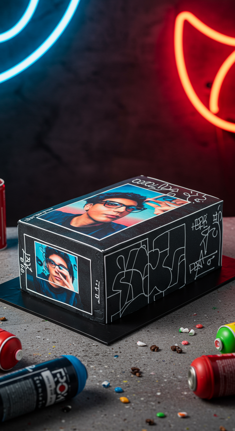 Schwarze rechteckige Torte mit Fotos und Graffiti-Elementen.