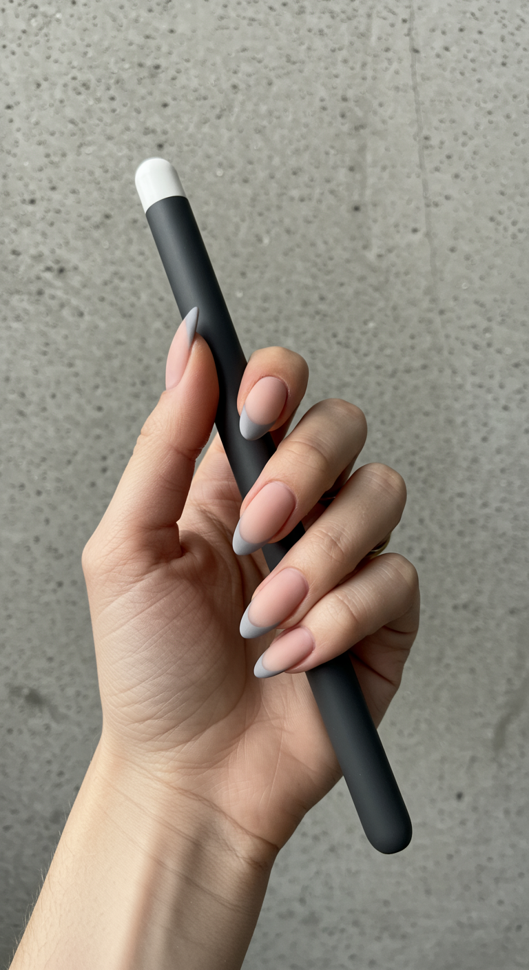 Mattgraue French-Tips auf langen mandelförmigen Nägeln.