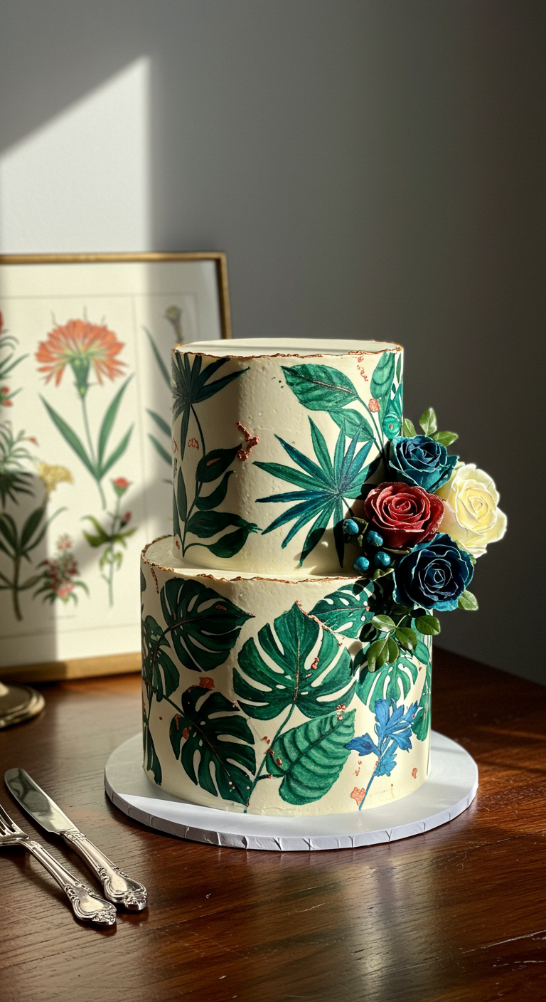 Zweistöckige Torte mit tropischem Blattmuster und bunten Zuckerblumen.