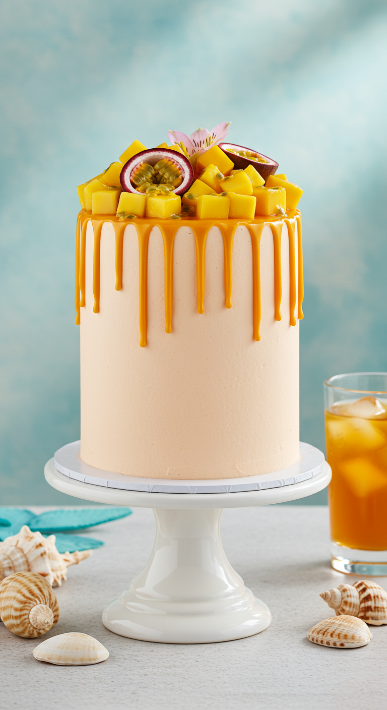 Hohe Torte mit orangefarbenem Drip, Mango- und Passionsfruchtstücken garniert.