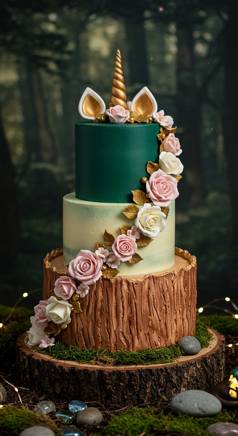 Dreistöckige Einhorntorte in Waldoptik mit grüner oberer Etage und rosa-weißen Rosen.