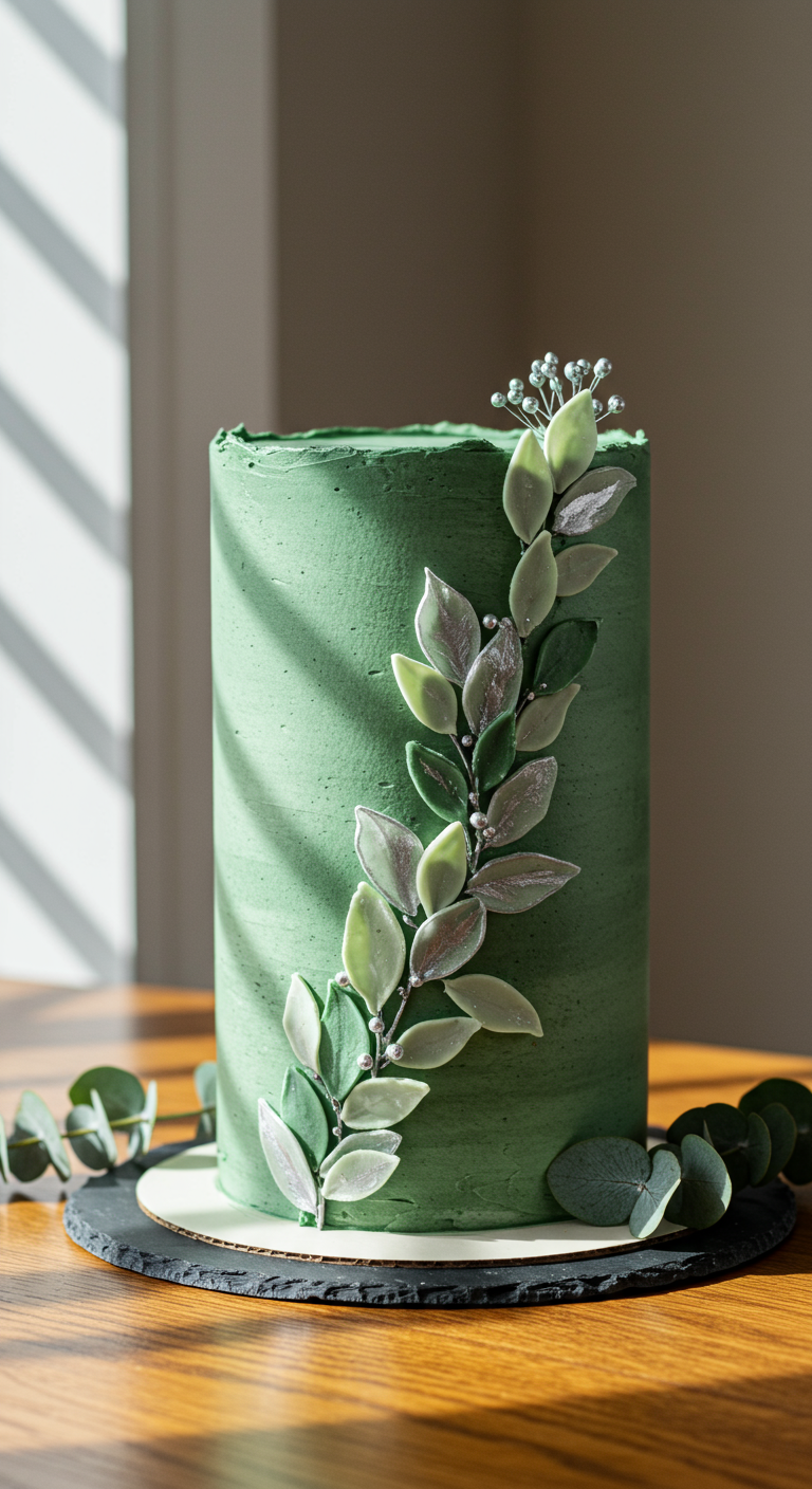 Hohe, schmale Torte in mattem Grün, dekoriert mit einer diagonalen Blätterranke in Silber- und Grüntönen.