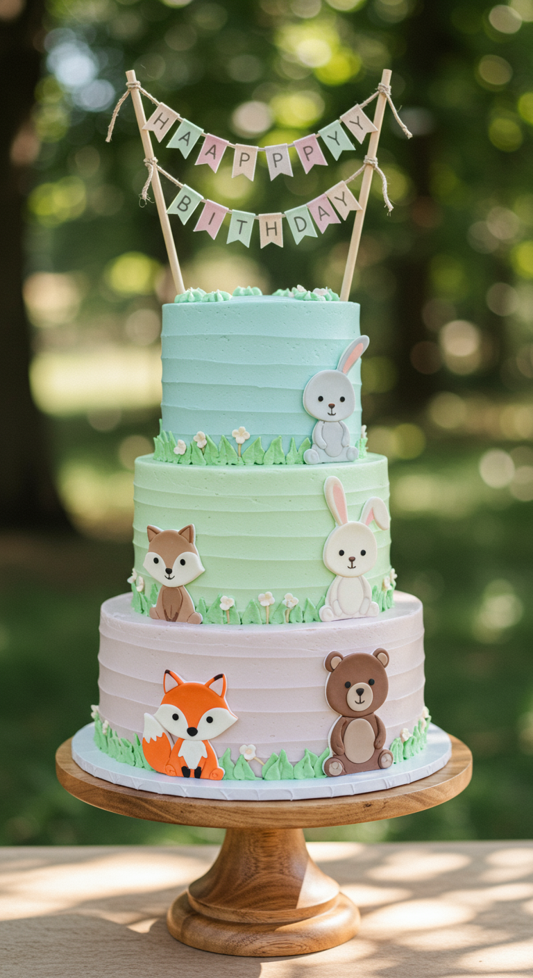 Dreistöckige Torte mit Waldtieren wie Fuchs, Hase, Bär.