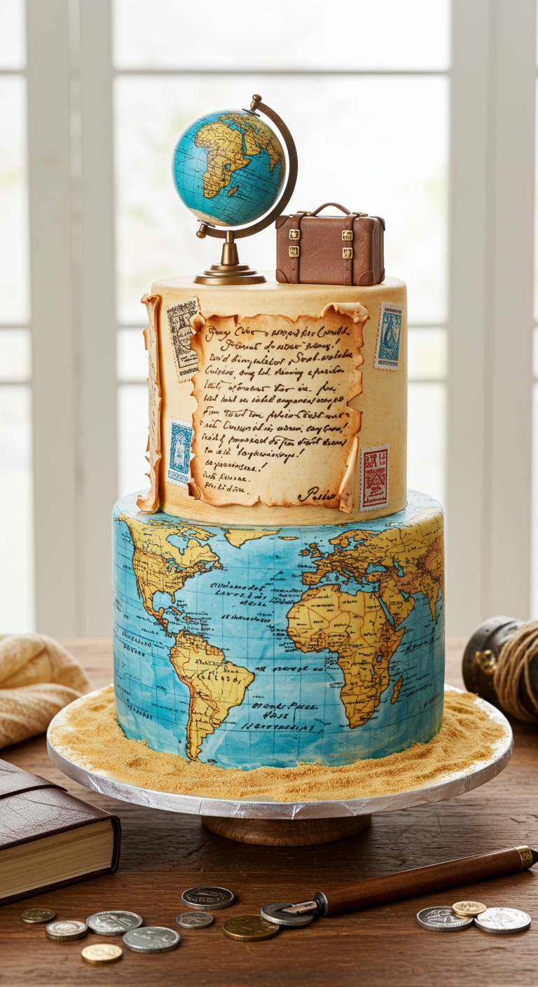 Zweistöckige Torte mit Weltkartenmotiv, Globus und kleinem Koffer als Deko.