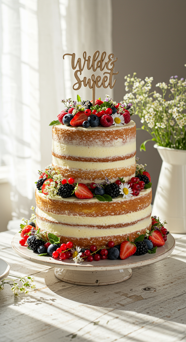 Zweistöckige Naked Cake mit 'Wild & Sweet' Topper und vielen Beeren.