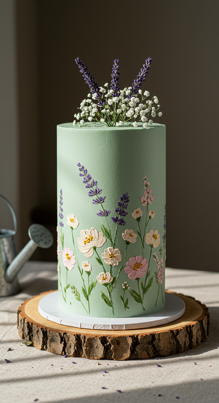 Mintgrüne hohe Torte bemalt mit Wildblumen, dekoriert mit frischem Lavendel.
