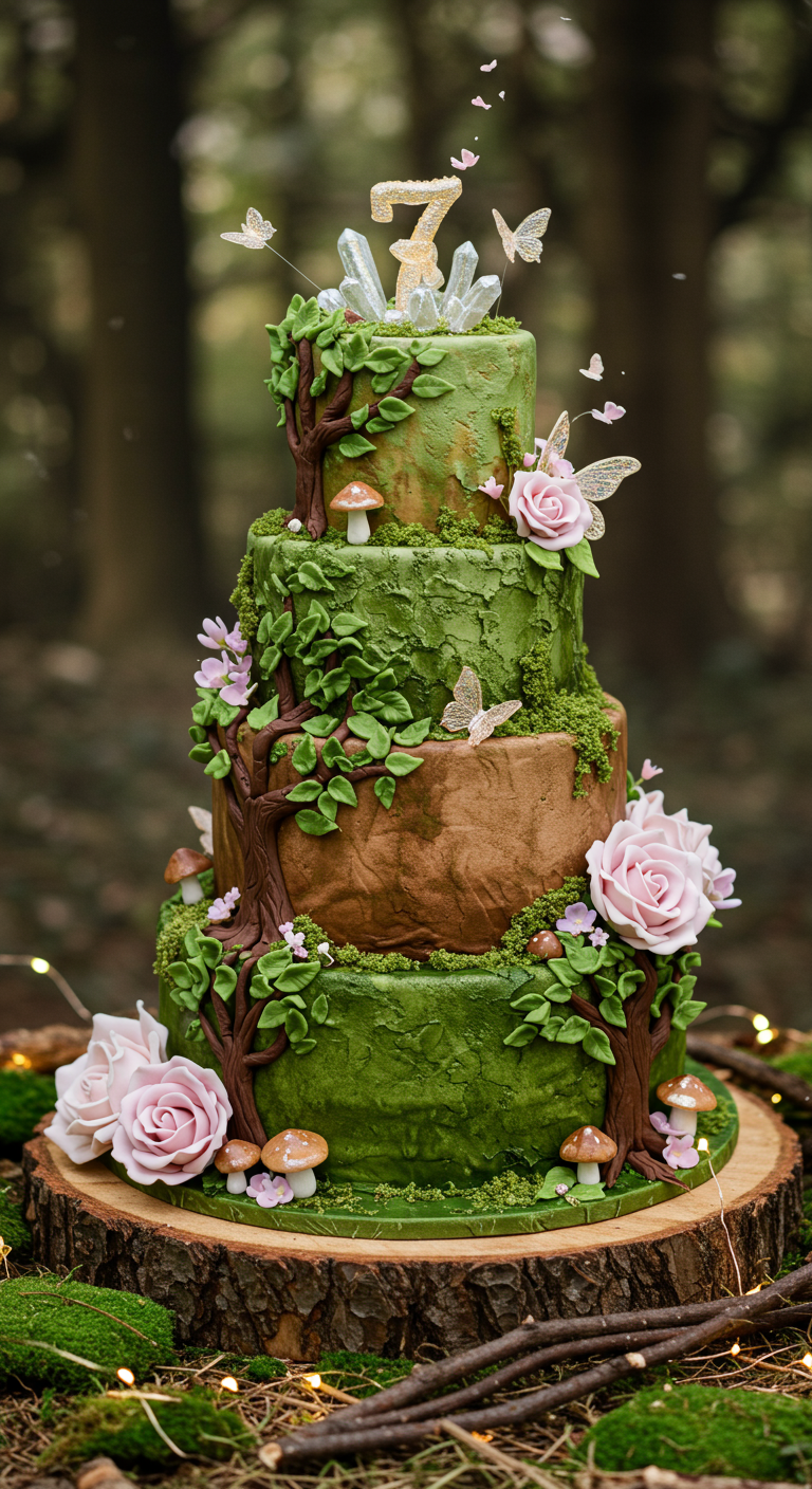 Mehrstöckige Waldfee-Torte mit grüner Moos-Optik, Bäumen und rosa Blüten.