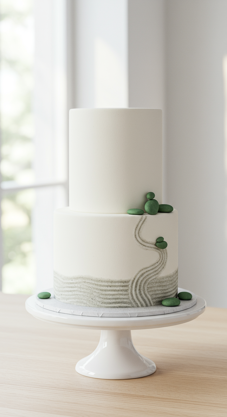 Zweistöckige weiße Torte mit Zen-Garten-Muster und grünen Steinen.