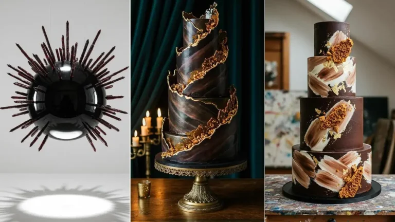 Zwei luxuriöse Schokoladen-Hochzeitstorten mit glänzendem Guss, Crunch-Füllung und kunstvollem Design.