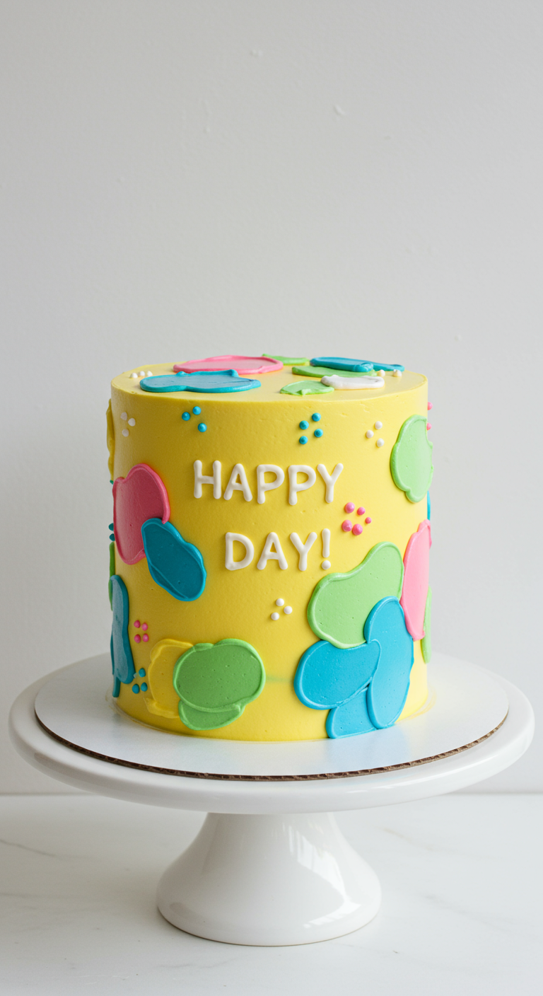 Gelbe Buttercreme-Torte mit bunten abstrakten Punkten und 'HAPPY DAY!'-Schrift.