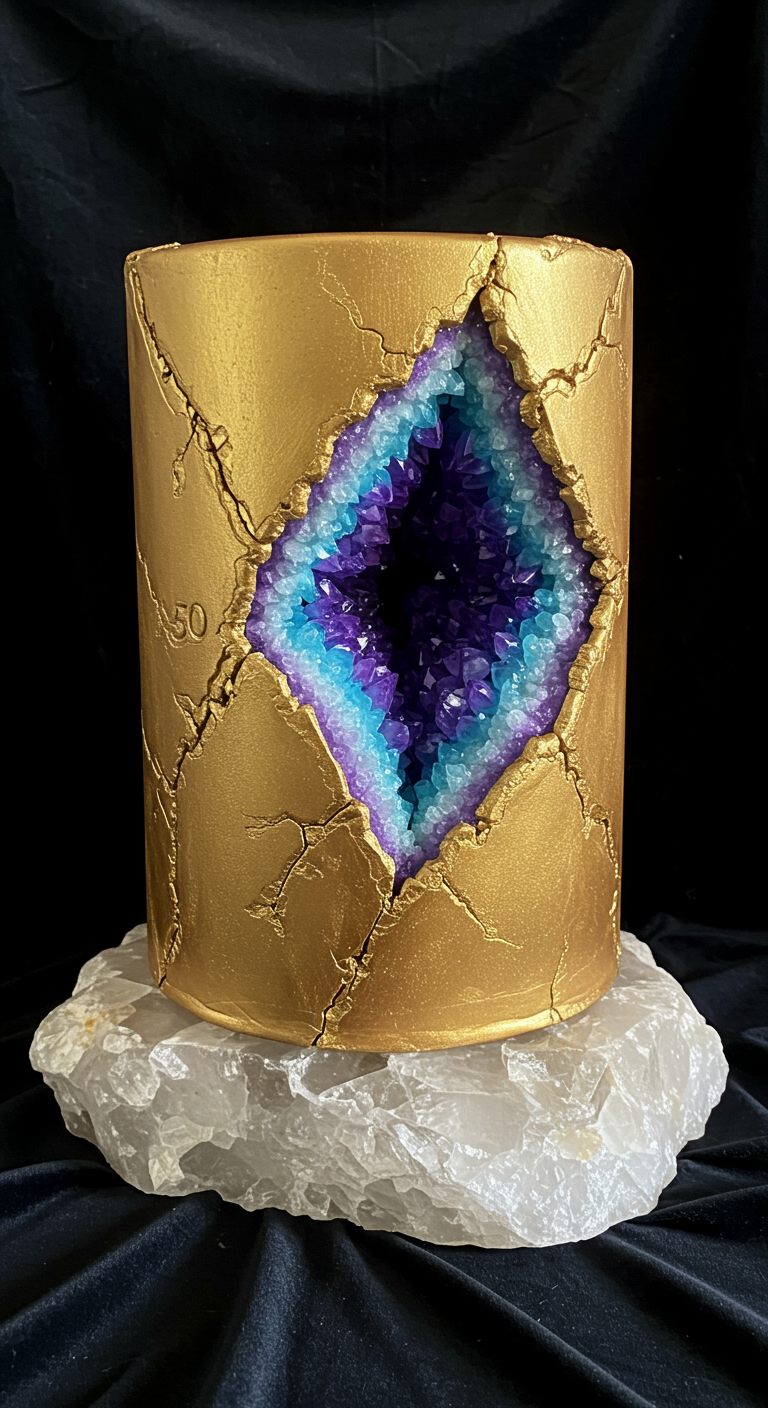 Goldene zylindrische Torte mit einer großen Geoden-Öffnung mit lila-blauen Kristallen.