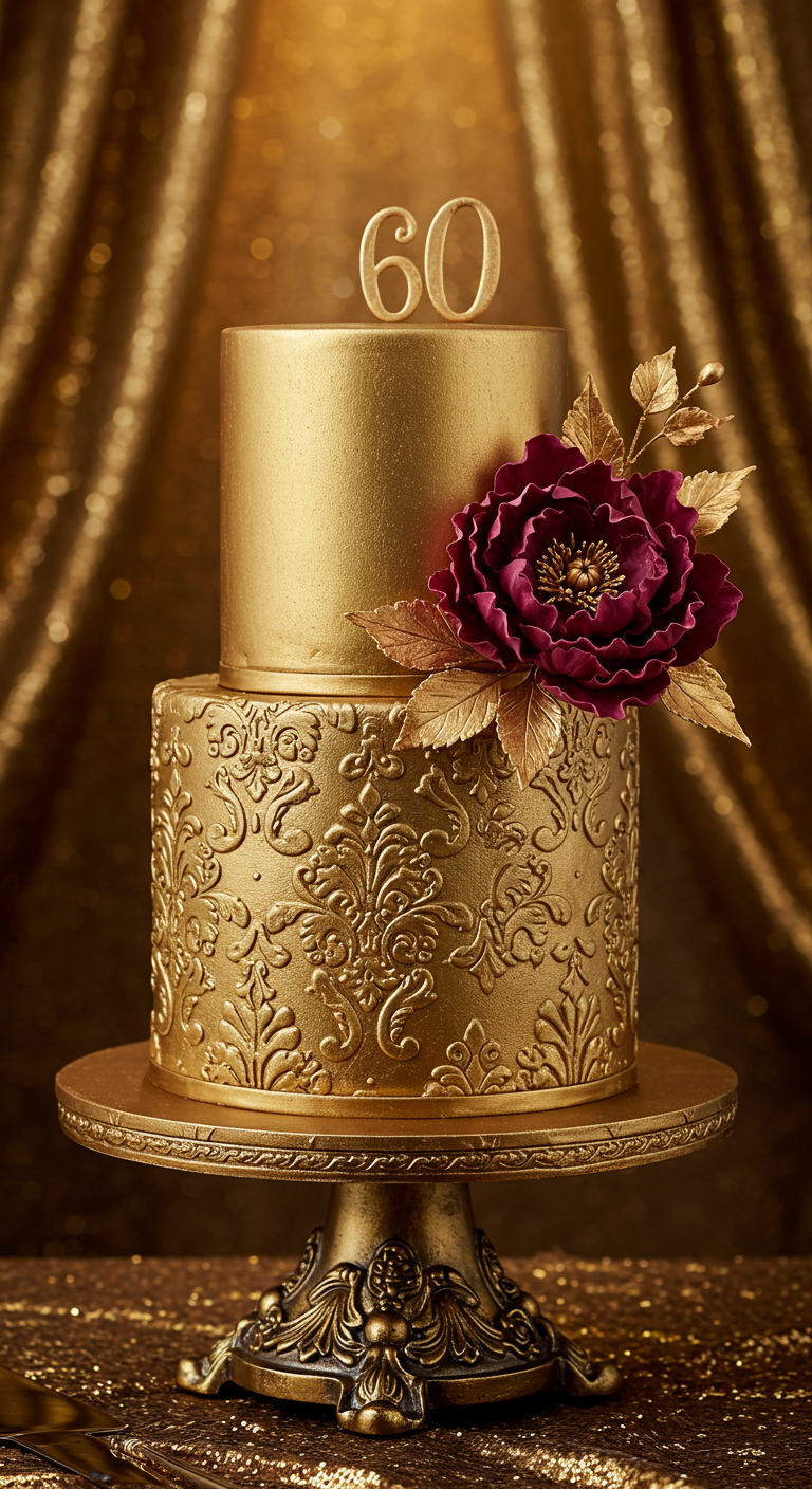 Goldene zweistöckige Torte mit Barockmuster und großer bordeauxroter Zuckerblume.