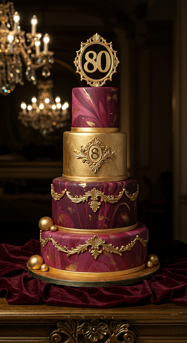 Vierstöckige Torte in Bordeauxrot und Gold mit barocken Ornamenten.