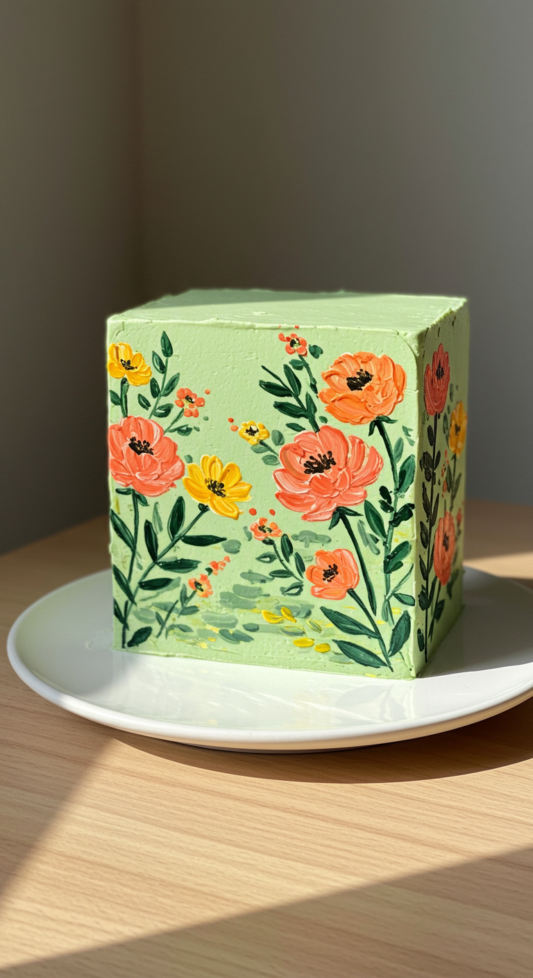 Quadratische hellgrüne Torte mit handgemalten bunten Blumen.