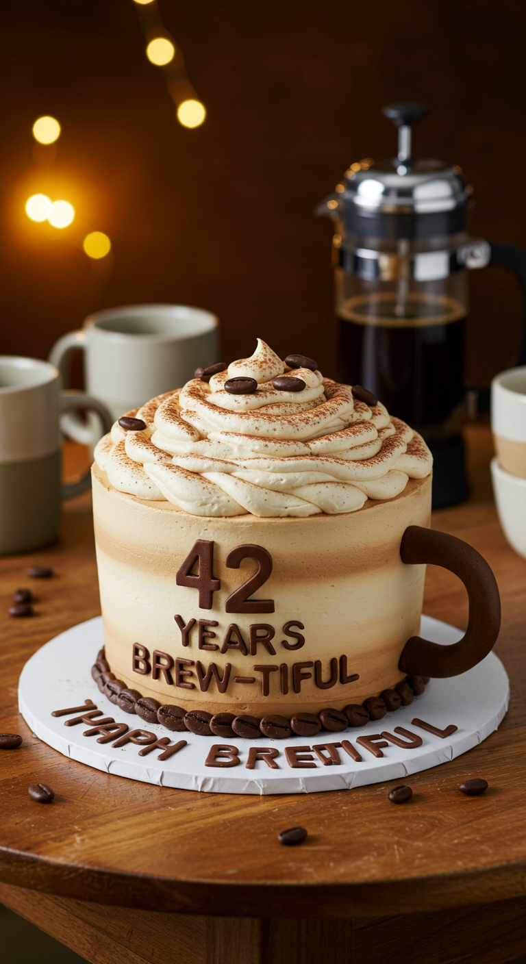 Torte in Form einer Kaffeetasse mit Milchschaum, Kakaopulver und Schriftzug.