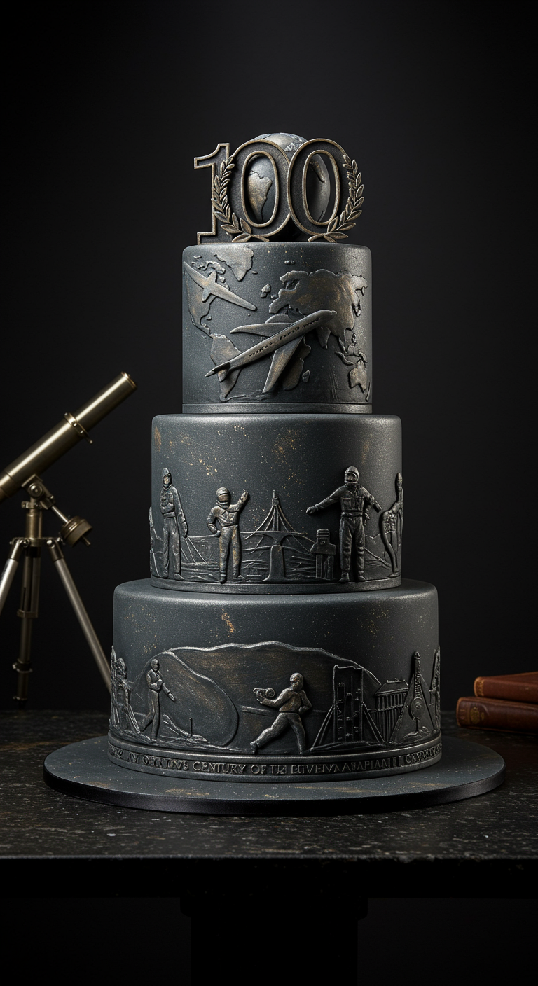 Dunkelgraue dreistöckige Torte mit Basreliefs von historischen Flugzeug-Szenen.