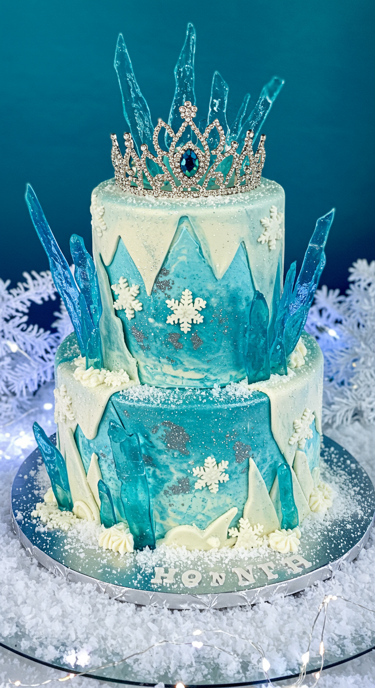 Hellblaue Eiskönigin-Torte mit Eiskristallen, Schneeflocken und Tiara