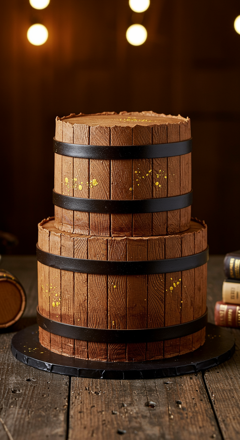 Zweistöckige Schokotorte in Form eines Holzfasses.