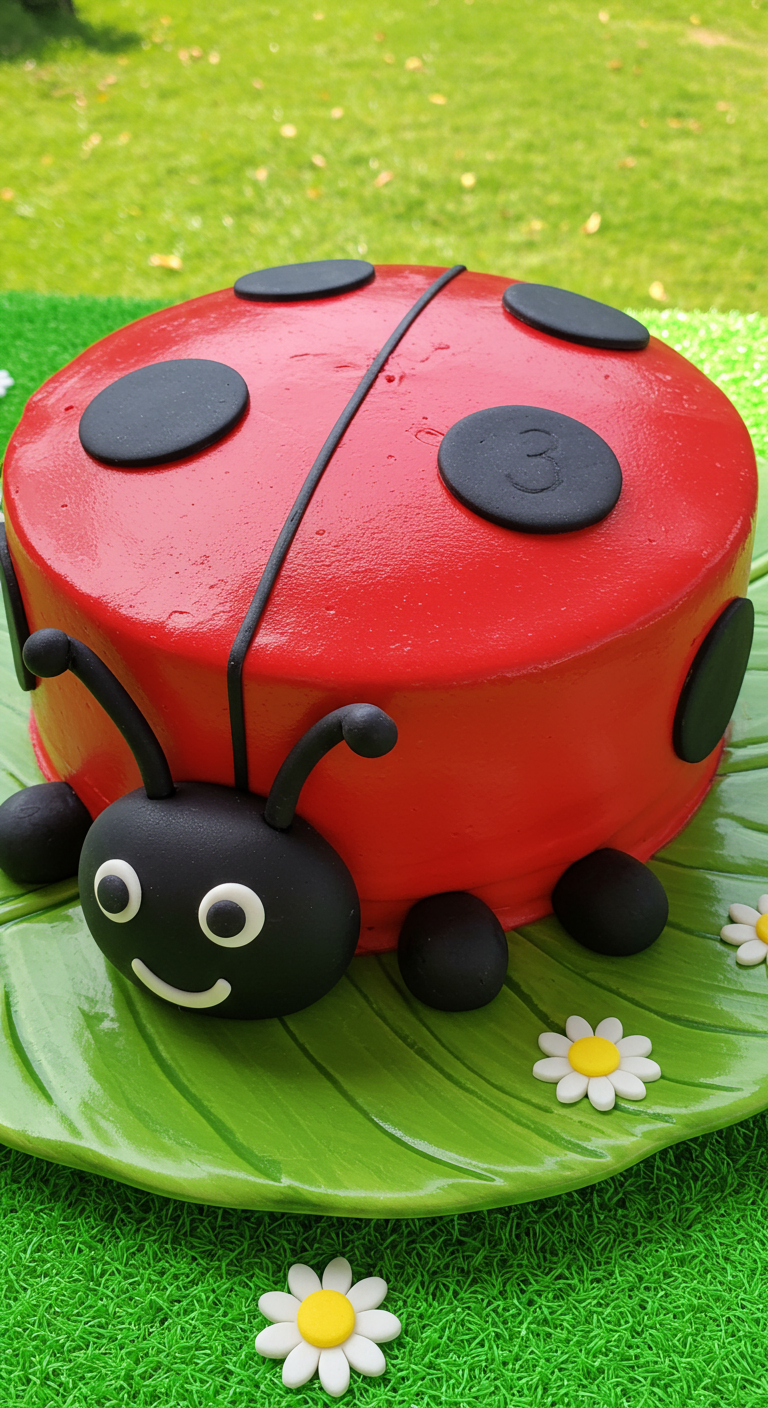 Rote Marienkäfer-Torte mit schwarzen Punkten und Fühlern auf grünem Blatt.
