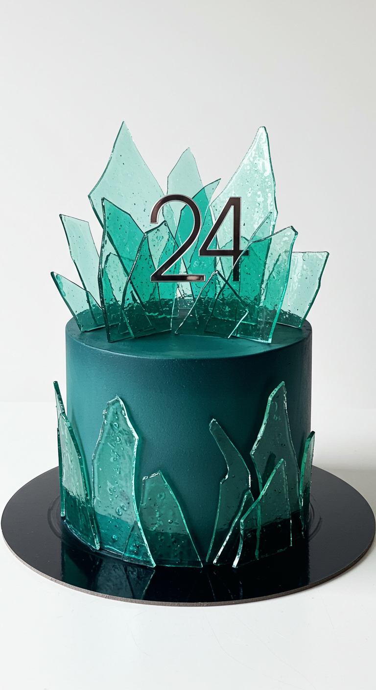 Petrolfarbene Torte mit türkisfarbenen Zuckerglas-Scherben als Krone und am Rand, 24-Topper.