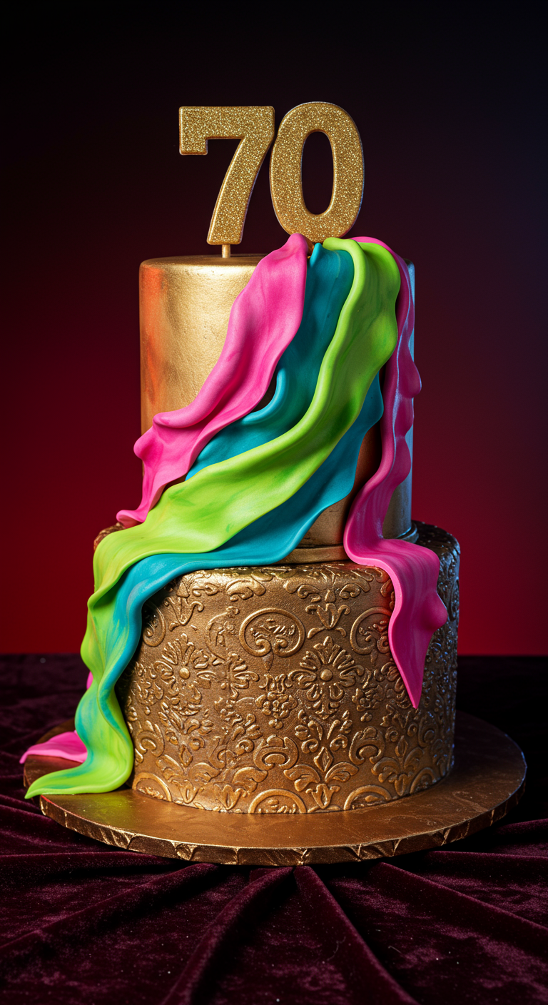 Zweistöckige goldene Torte, untere Etage mit Relief, obere mit buntem Fondant-Stoff-Draping.