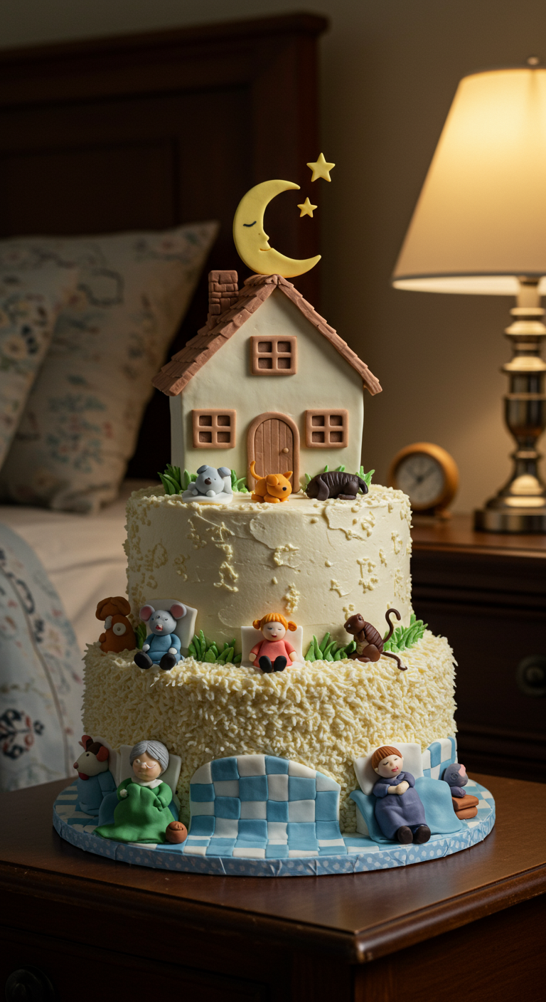 Zweistöckige Torte mit Haus oben und schlafenden Figuren in Betten unten.